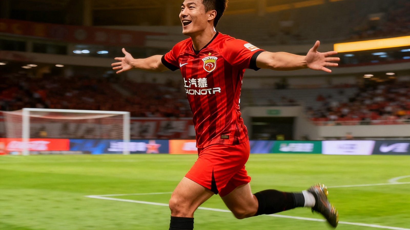 中超上海海港对成都蓉城比赛画面，武磊进球后庆祝